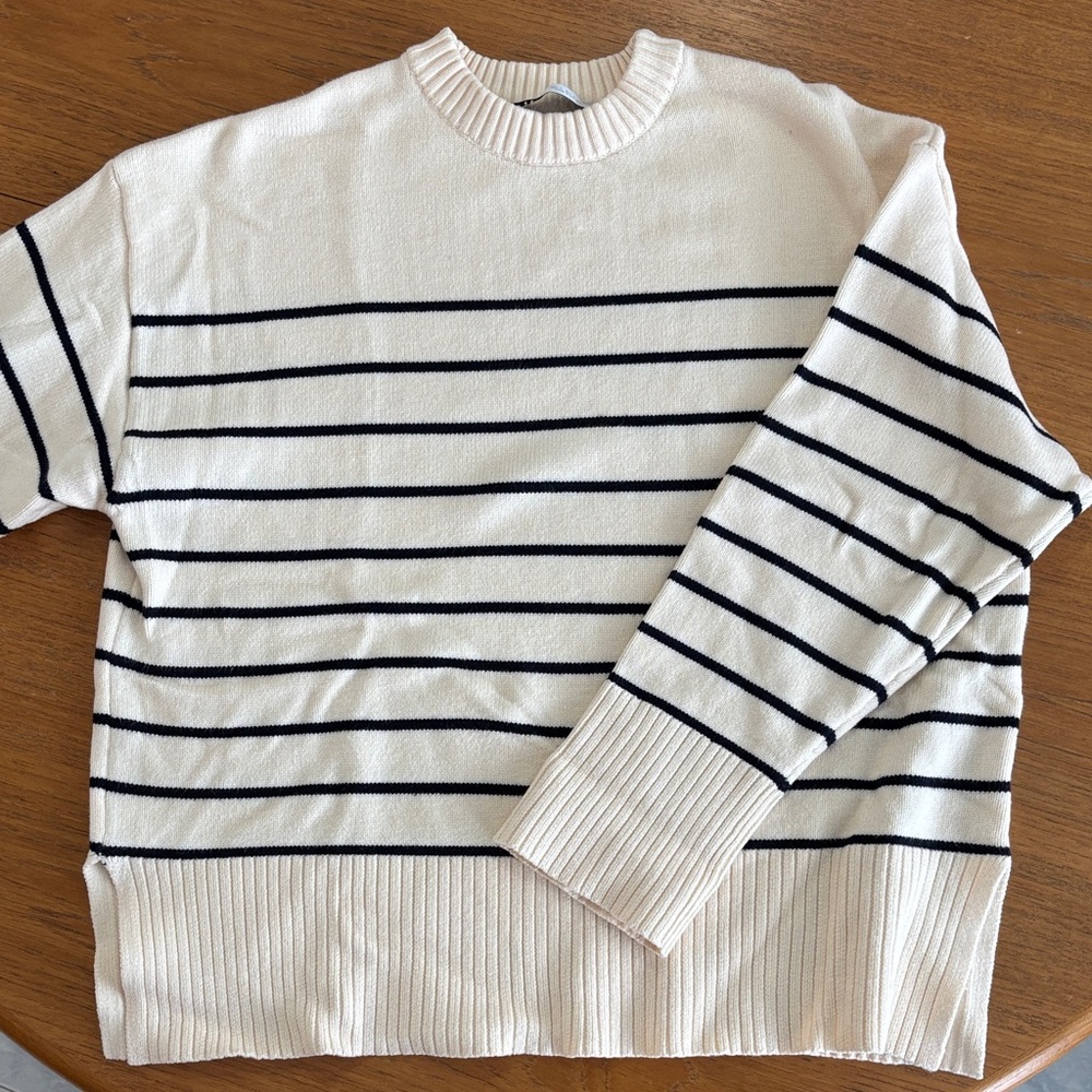 Zara women’s cream and navy Striped Crewneck Sweater